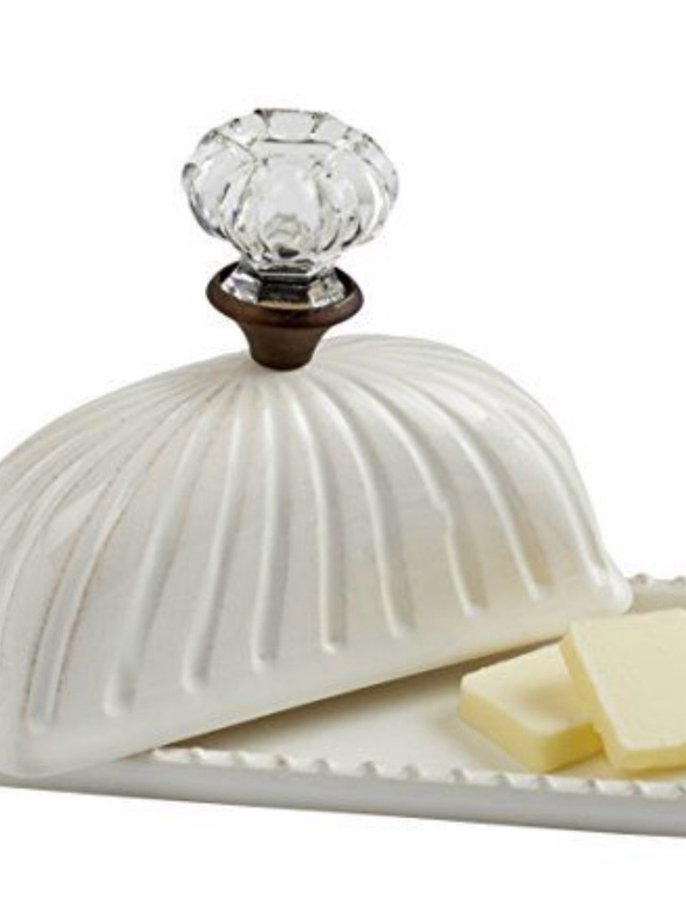 Mud Pie White Ceramic Butter Dish with Glass Knob